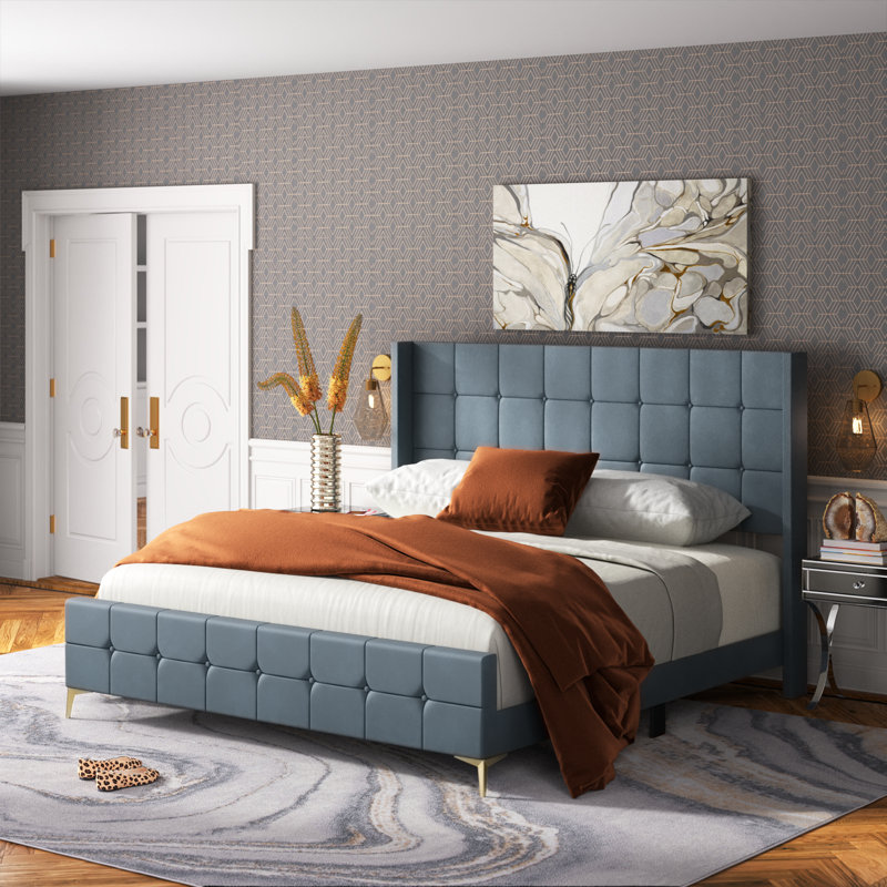 Lit tapissier capitonné standard Mikaela, Bleu, Complète