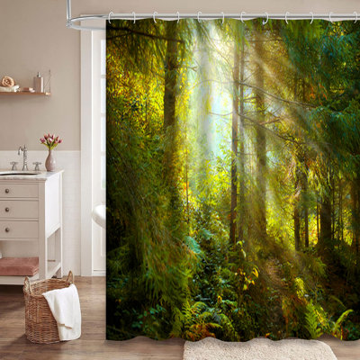 Deep Foggy Autumn Forest Park Beautiful Scene Old Sun Rays Shower Curtain with 12 Hooks
