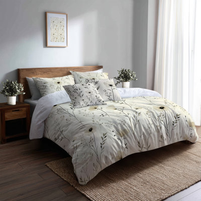 Country Farmhouse Bedding Set Of 5 - Floral Ivory Meadowline Duvet Cover And Throw Pillow Set