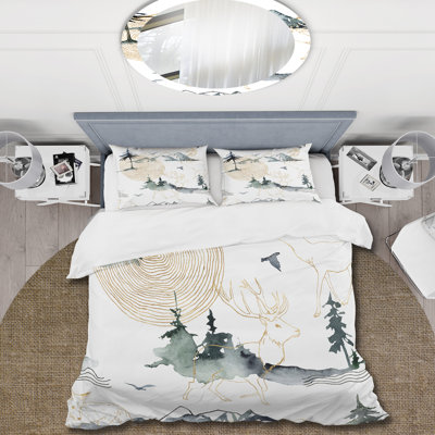 Ensemble de housse de couette moderne - Gouache minimaliste avec des montagnes et des cerfs - Microfibre de polyester