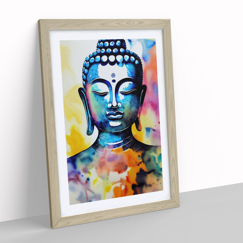 Buddha in Watercolour - Wall Art, 36cm H x 27cm W x 2cm D, Oak Framed, White