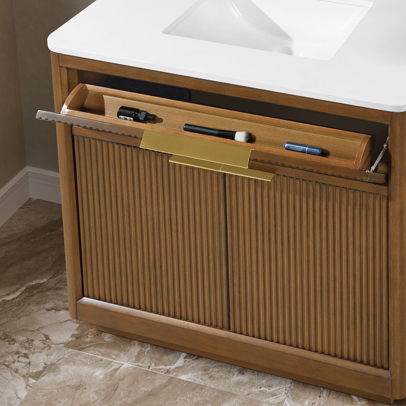 OVE Decors Xander Meuble-lavabo simple autoportant en noyer chaud avec plateau en pierre reconstituée blanche