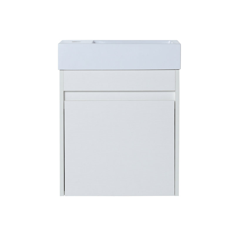 Meuble-lavabo flottant mural avec lavabo en résine et porte d'armoire à fermeture en douceur, Grain droit blanc