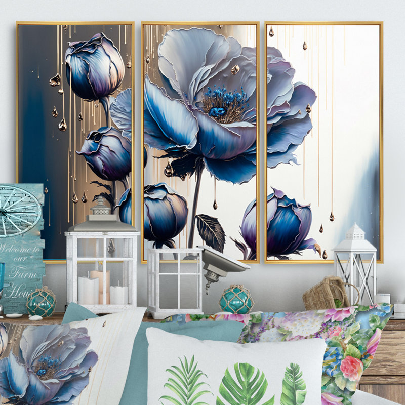«Ice Blue and Purple Violets II», reproduction de cadre flottant sur toile 3 pièces, H 28 po x l 36 po x P 1 po