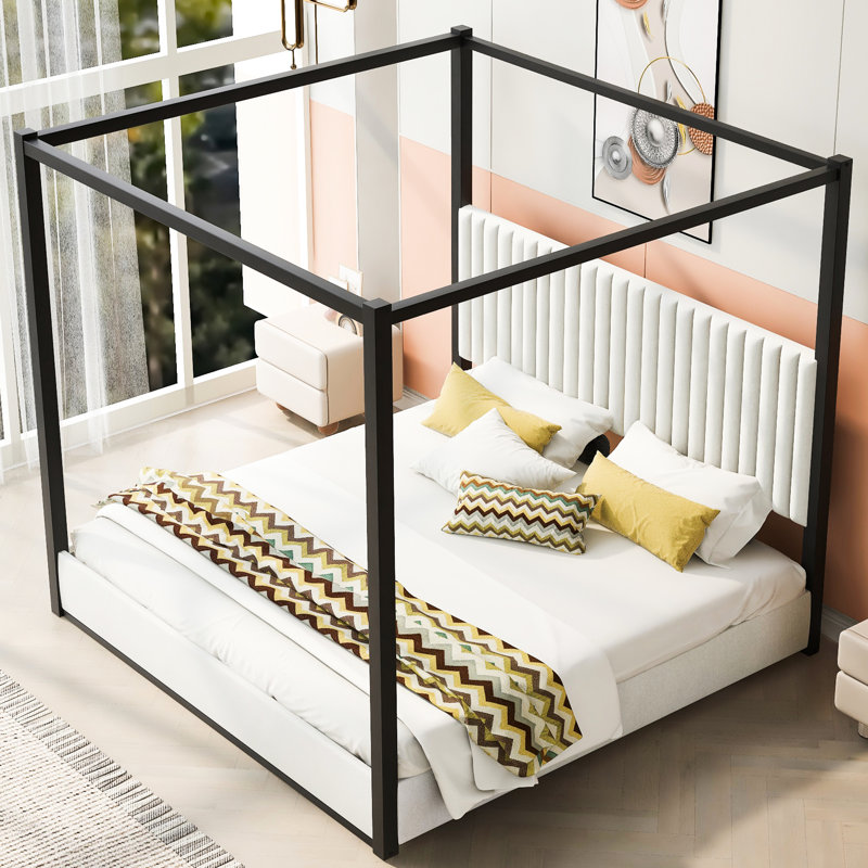 Lit plateforme à baldaquin blanc de très grande taille avec tête de lit tapissier et structure en métal - 4 affiches décoratives, finition en velours doux, tête de lit facile à assembler, chambre à coucher