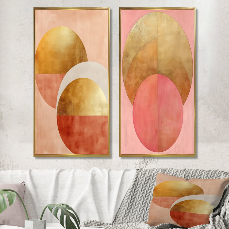 «Rose and Gold Flow Arcs - Modern Abstract», art mural sur toile 2 pièces, H 32 po x l 32 po, Cadre flottant doré