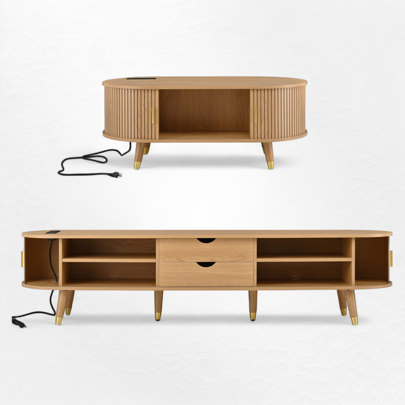 Ensemble de meuble télé de style moderne Mid-Century avec station de charge et porte tambour, Naturel