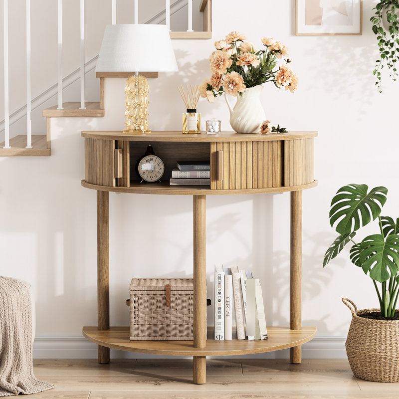 Table, d'une largeur de 31,5 pouces, derrière le canapé, avec tablette ouverte et caractéristiques ergonomiques, style décontracté en noyer et demi-lune, plateau de table de rangement,