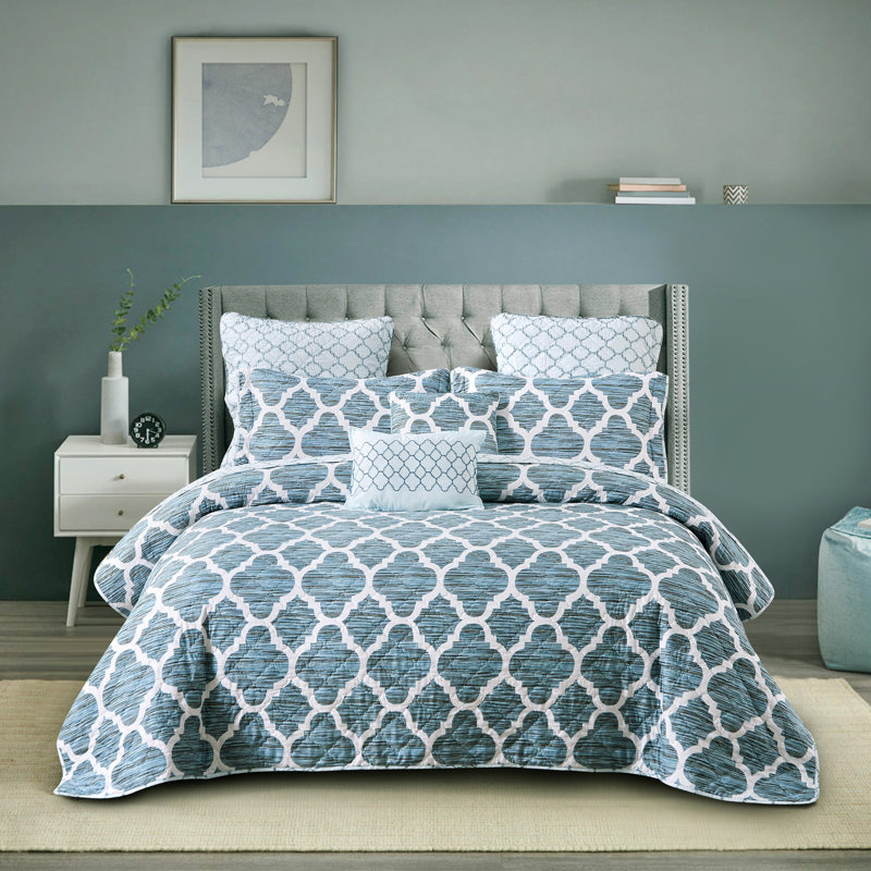 Blue Reversible Microfiber Queen Bedspread Set