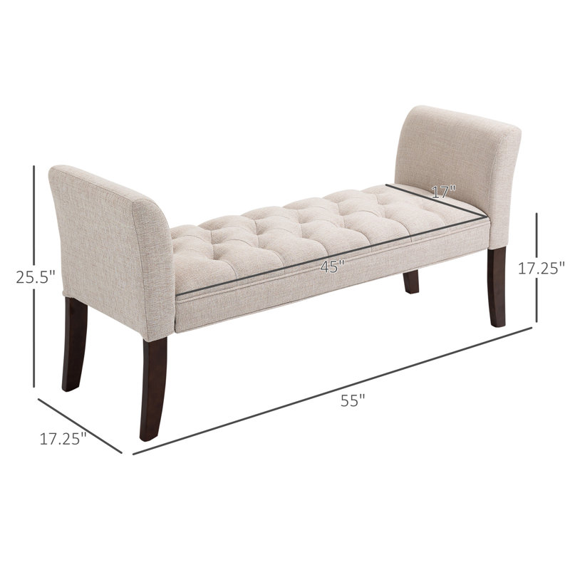 Banc de bout de lit avec capitonnage à boutons, banc d'entrée de chambre rembourré avec accoudoirs et pieds en bois massif pour la chambre à coucher, blanc crème