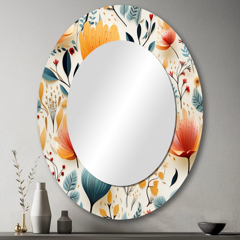 Botanical Pastel Color Flowers Composition - Yellow Oval Wall Mirror Decor, 43" H x 33" W