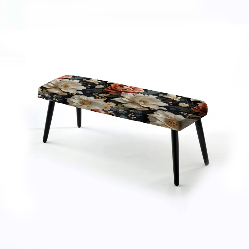 Victorian Grey And White Flower Elegance - Floral Upholstered Black Bench