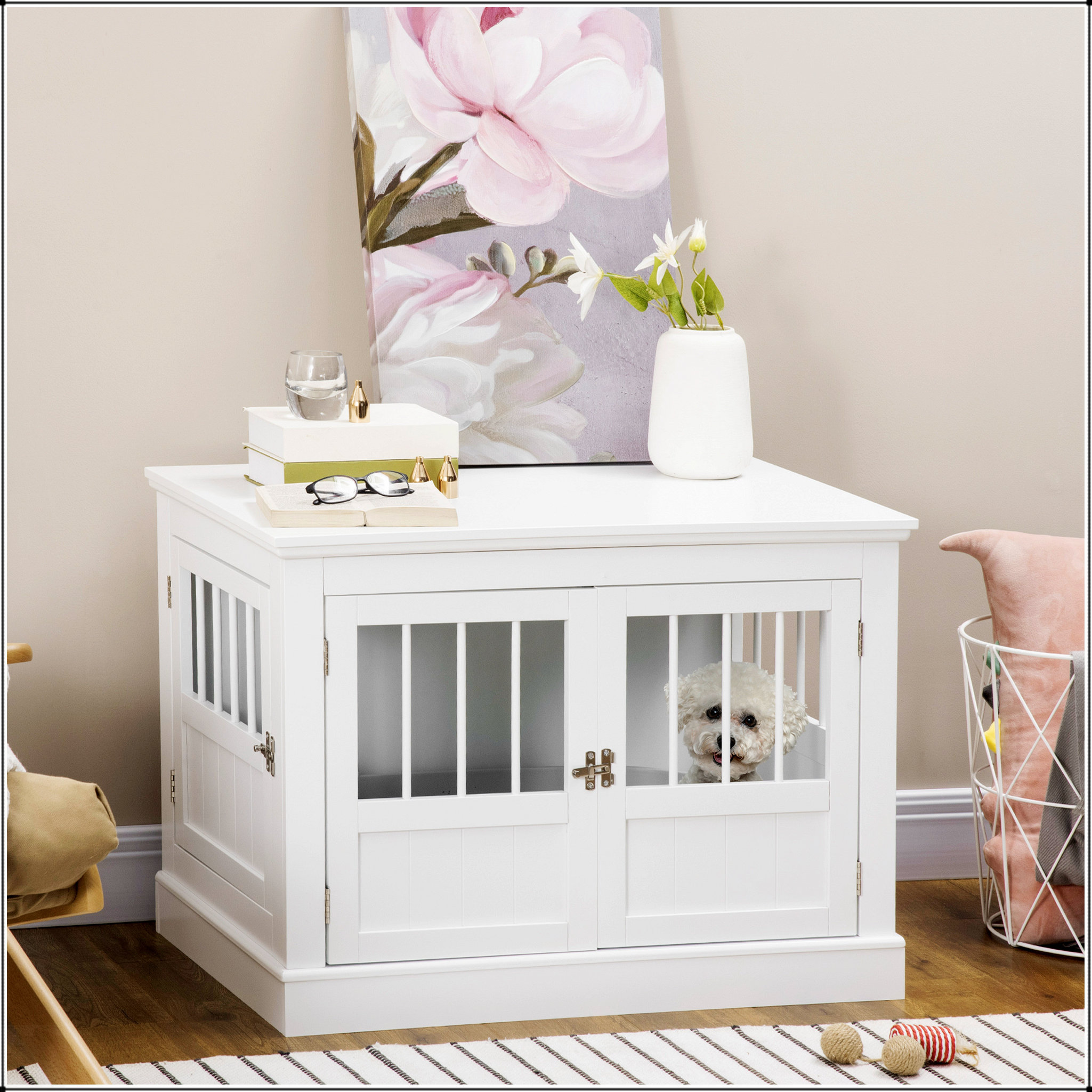 Mercer41 Wooden Dog Crate End Table With Triple Doors, Space-Saving And ...
