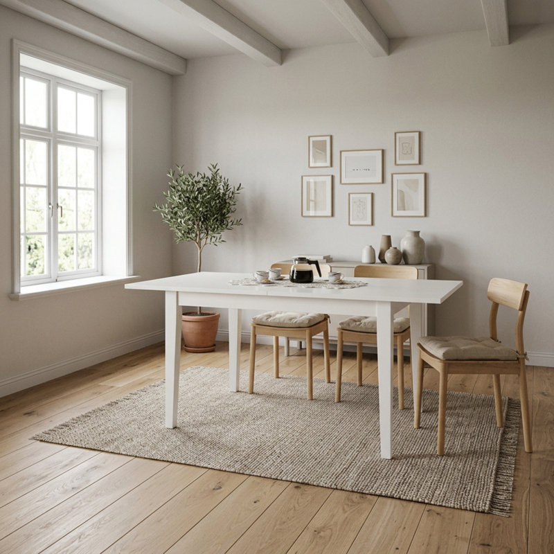 Ensemble de salle à manger rectangulaire 3 pièces en bois d'hévéa blanc lin avec rallonge papillon et 2 chaises à dossier double en X