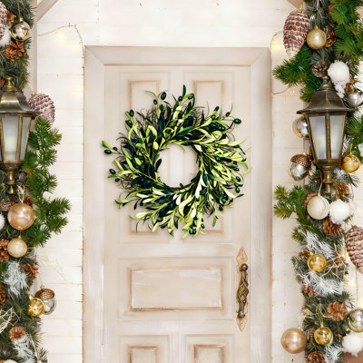 Couronne de 17,7 pouces pour porte d'entrée en forme de branche d'olivier, grande couronne artificielle de printemps et d'été pour une décoration de jardin intérieur et extérieur, style A