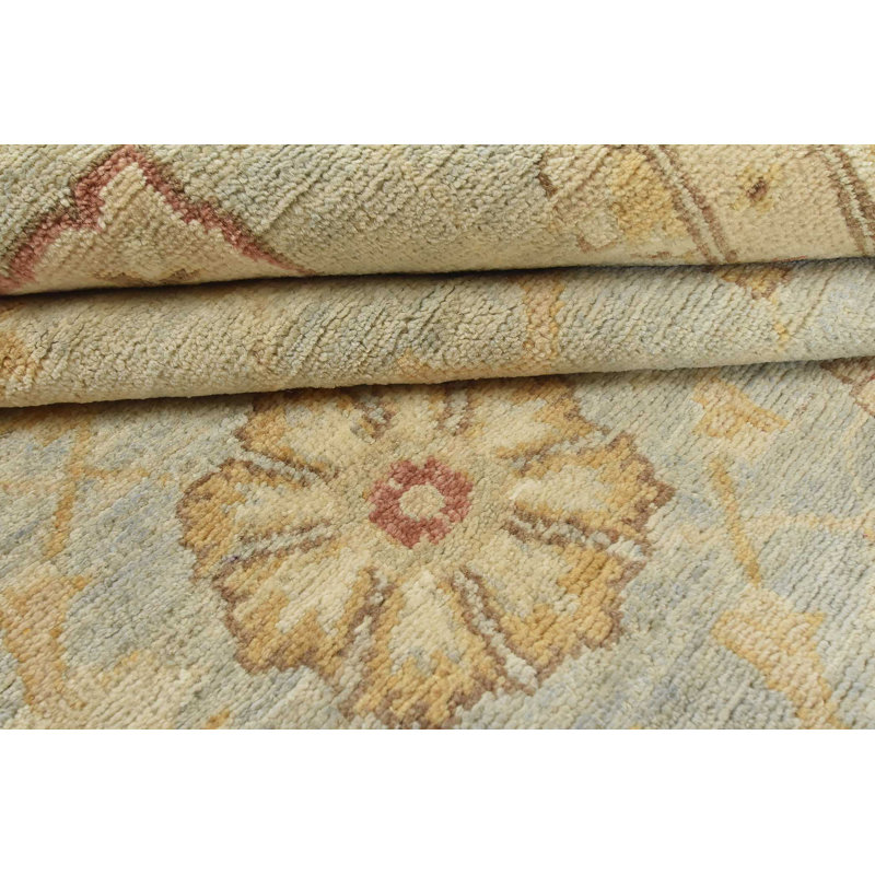 Tapis bleu / ivoire en laine noué à la main de conception unique 8 pi 1 po x 9 pi 9 po