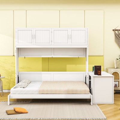 Grand lit escamotable en bois avec mécanisme hydraulique, rangement intégré et bureau polyvalent