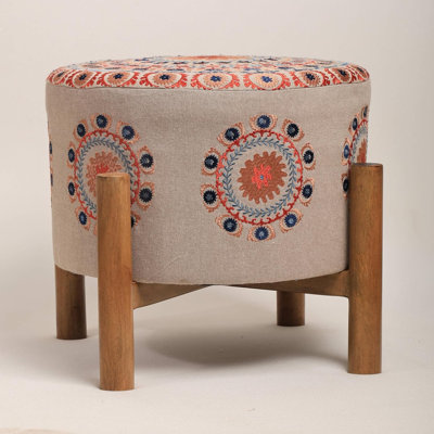 Decorative Upholstered Accent Stool | Mandala Embroidered Ottoman | 16x14"