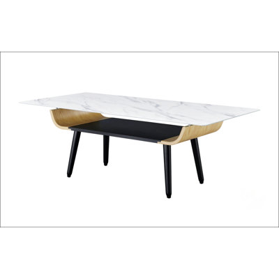 Table basse Lorenzo de 47 po de largeur avec plateau en verre marbré et design unique en bois cintré