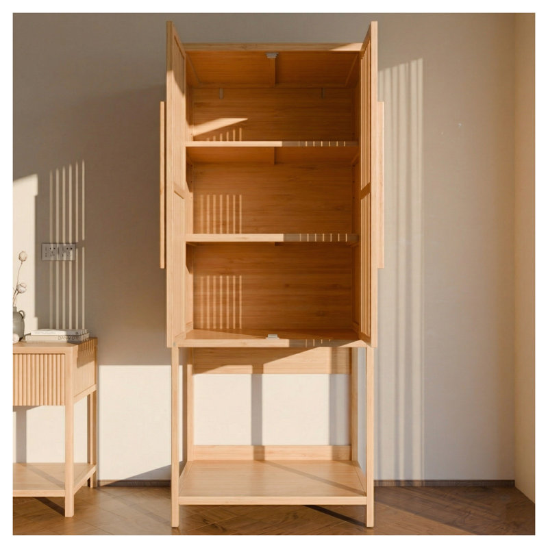 Armoire autoportante en bambou naturel avec 2 portes et rangement pour plancher