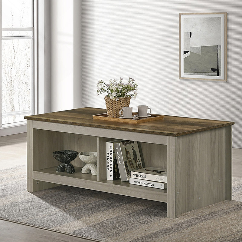 Table basse en chêne gris de 43 po avec tablettes ouvertes à l'avant et à l'arrière