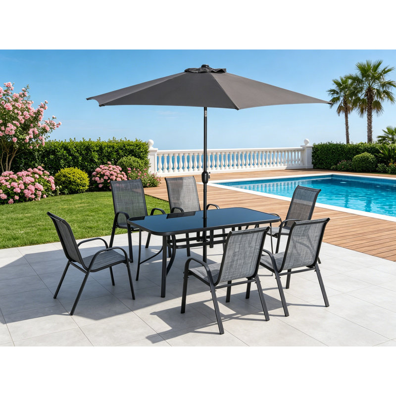 Ensemble de salle à manger 8 pièces pour l'extérieur avec parasol - table en verre trempé de 60 po + 6 chaises empilables en filet + auvent