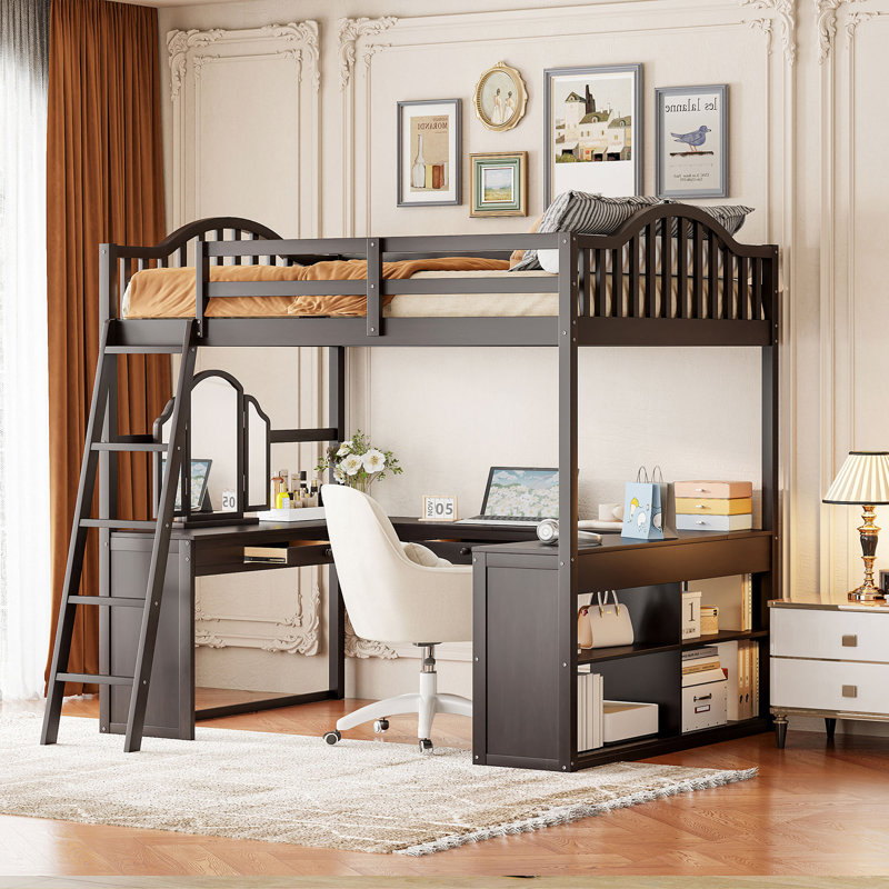 Lit mezzanine en bois avec bureau en U, compartiments de rangement et miroir à trois volets, Espresso