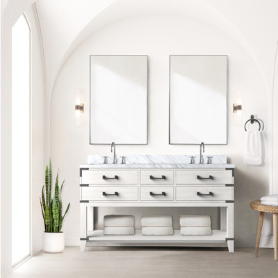 Meuble-lavabo l 60 po x P 22 po en chêne blanc avec plateau en marbre et miroirs 28 po à fermeture douce, armoire ouverte 4 tiroirs pour rangement double 60 po x 22 po, Teeming