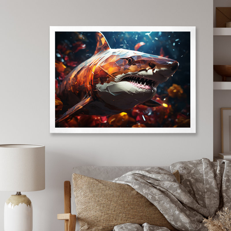«Blue Shark Predators Glare Geometric I», reproduction d'art sur toile, H 24 po x l 32 po x P 1 po, Cadre simple blanc