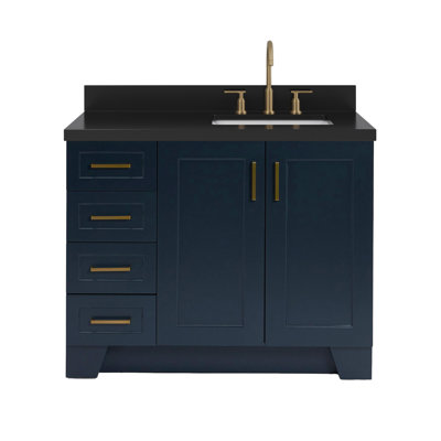 Meuble-lavabo double Freitas 42 po en bois massif gris avec comptoir en quartz noir carbone de 1,5 po, décalé à droite, lavabo rectangulaire