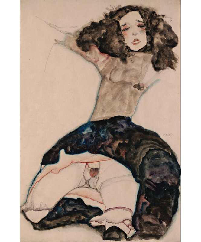 «Fille aux cheveux noirs avec jupe relevée» par Egon Schiele - Art mural sur toile tendue avec châssis, H 18 po x l 14 po