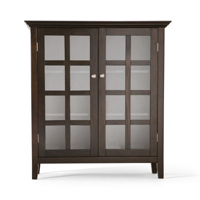 Acadian Solid Wood Transitional Low Storage Cabinet with Glass Doors and Adjustable Shelves by Simpli Home