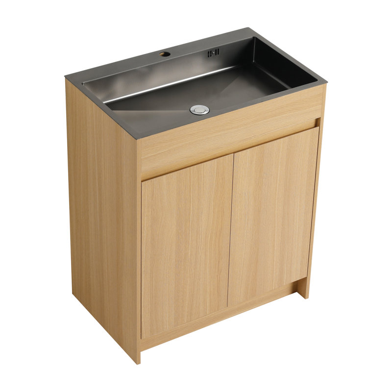 Meuble-lavabo autoportant de 28 po avec lavabo en acier inoxydable gris, tuyau de vidange flexible, charnières à fermeture en douceur, buanderie et meuble-lavabo à 45 poignées à bord incliné, tablettes réglables, 2 portes fermées, finition chêne