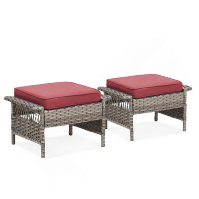 Ensemble de 2 repose-pieds d'extérieur en rotin gris avec coussins rouges pour cour ou terrasse