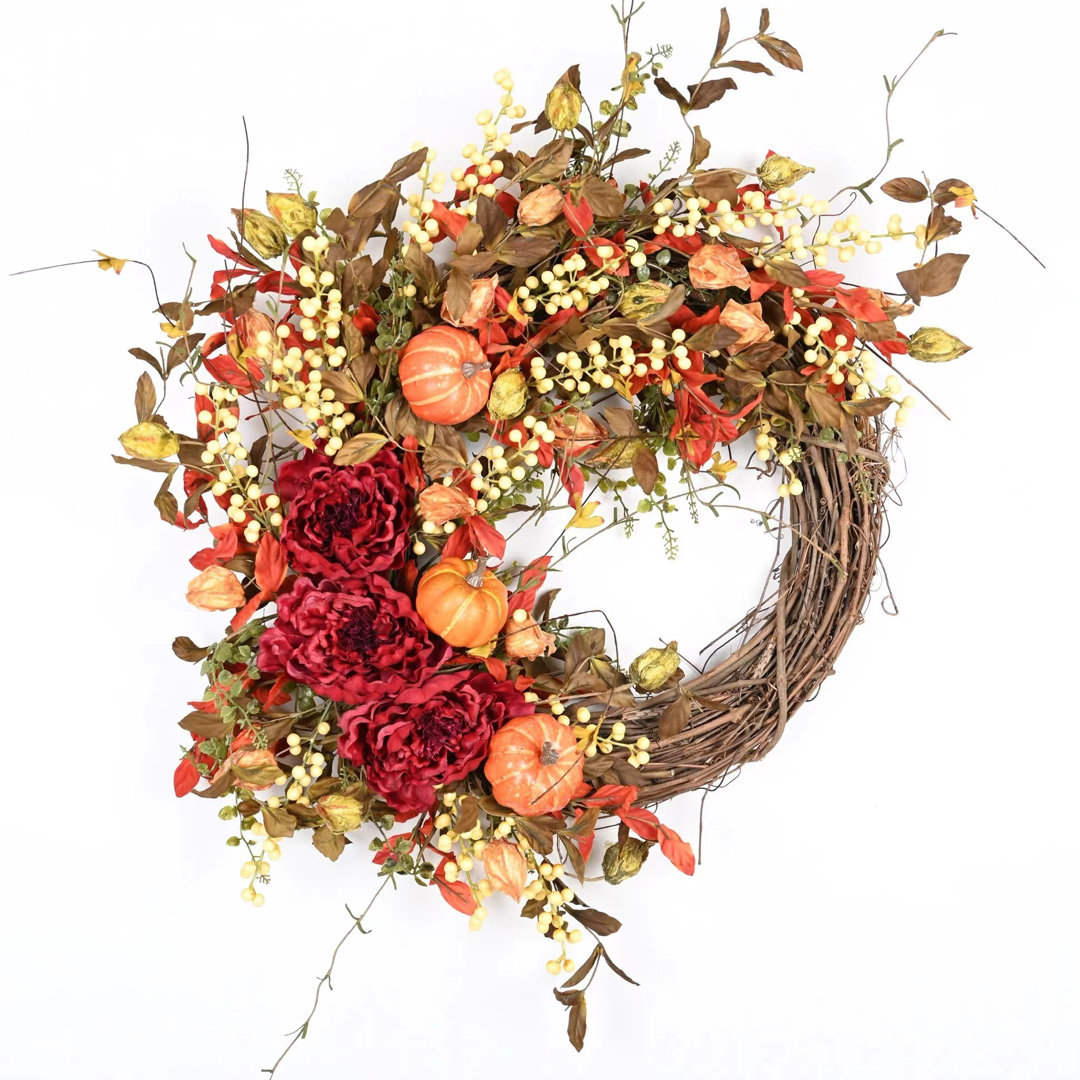 26" Faux Fall Thanksgiving Day Pumpkin Peony Floral Wreath for Front Door The Holiday Aisle® Wreath