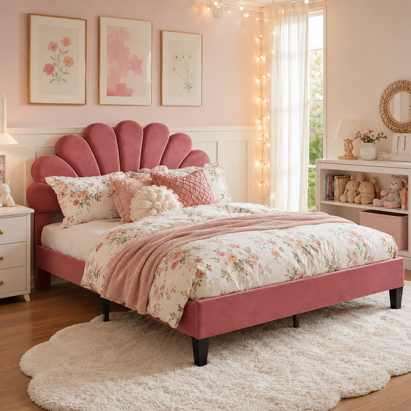 Tayveion Upholstered Platform Bed with Floral Velvet Headboard, Queen, Bean Paste Red, Manufactured Wood