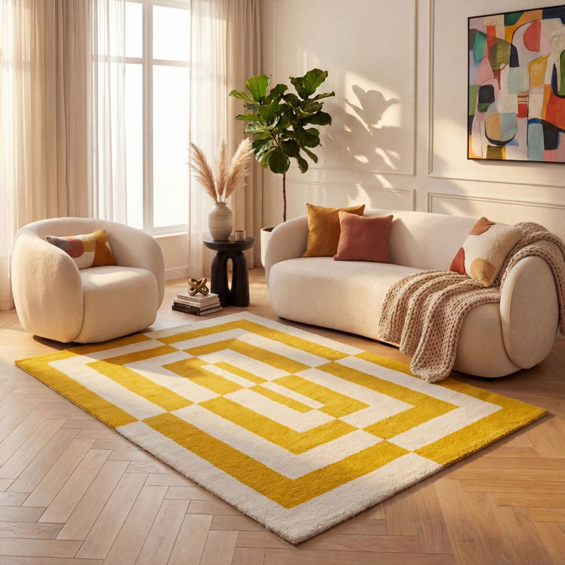 Joli Geometric Area Rug Soft Dense Pile for Living Rooms and Bedrooms, Yellow/White, Rectangle 120 x 170 cm