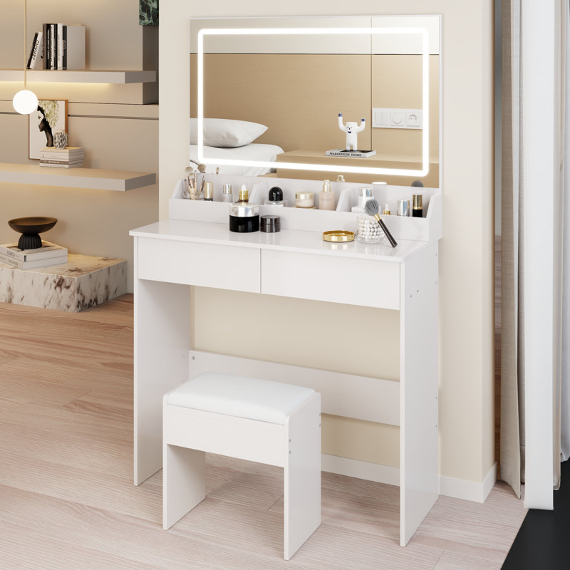 Ensemble de coiffeuse miroir + ensemble de tabourets à coussin souple, interrupteur tactile, 3 couleurs, luminosité réglable, rangement de grande capacité, coiffeuse compacte convenant aux petits espaces