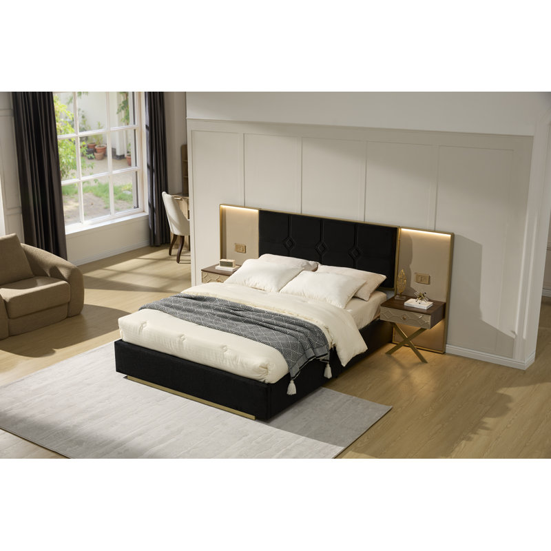 Luxueuse base de lit plateforme luxueuse, tête de lit en velours recouverte de métal, 2 lampes murales et table de chevet intégrées, structure en métal robuste et en bois massif, aucun sommier nécessaire, noir haut de gamme