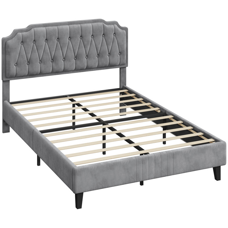 Upholstered Bed Frame with with Diamond Button-Tufted Headboard, King, Light Grey