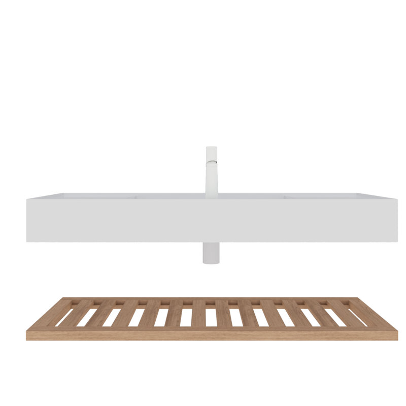 48" Bathroom Vanity With Vessel Sink, Wall-Mounted Floating White Rectangular Engineered Stone Basin Without Faucet, Striped Shelves Layer