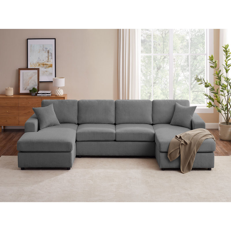 Kujtesa 118.11" W 3-Piece Corduroy U-Shaped Sectional , Dark Gray Corduroy