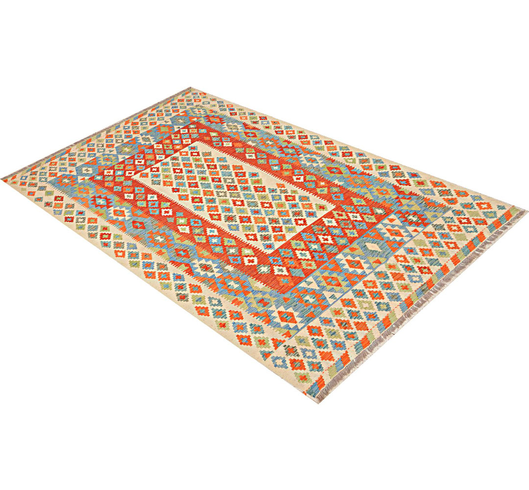 Handgefertigter Teppich Aneesh aus Wolle in Beige/Orange/Blau