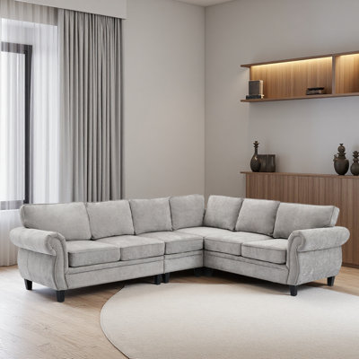 Canapé modulaire de 109,5 po, accoudoirs roulés décorés avec rivets, canapé en L pour le salon, canapé d'angle, chenille, 6 places, 7 coussins de dossier