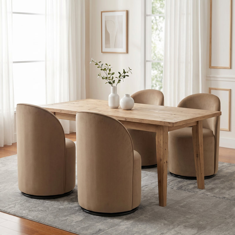 Set Of 4 Upholstered Kitchen & Dining Room Barrel Chair, Mid Century Modern Round Velvet Dining Chair, 360 Degree Swivel Comfy Armless Accent Makeup Vanity Side Chair for Bedroom Living Room