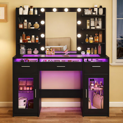 Melanni Makeup Vanity Desk With Adjustable Lighting, See-through Desktop, Power Outlet