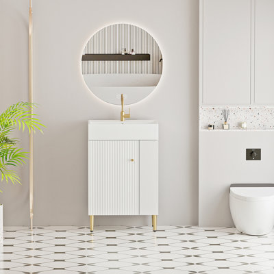Meuble-lavabo à tablettes ouvertes de 21,6 po avec lavabo en céramique et porte à fermeture douce, armoire de rangement à tablettes ouvertes sur le côté droit, assemblage requis, blanc 24VB06-21WHR
