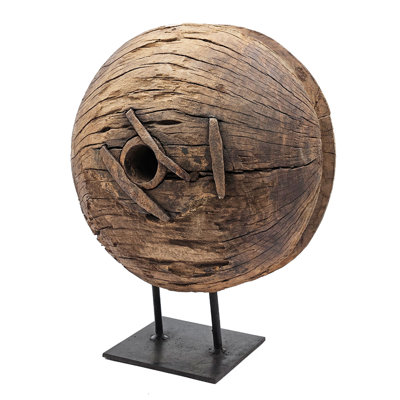 Otis Decorative Pulley Wheel On Metal Stand, Brown Aged Wood 18 Inch