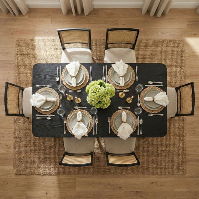Ensemble de salle à manger 7 pièces moderne noir avec 6 chaises à dossier canne