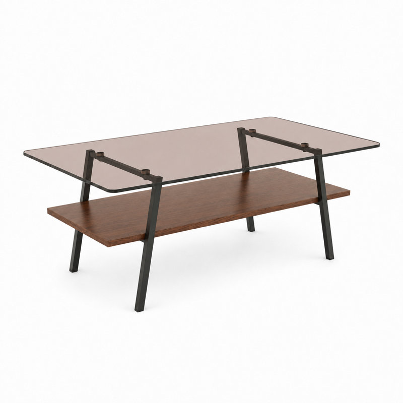 Table basse moderne en verre rectangulaire avec tablette en bois et structure en métal, table de salon moderne, Brun